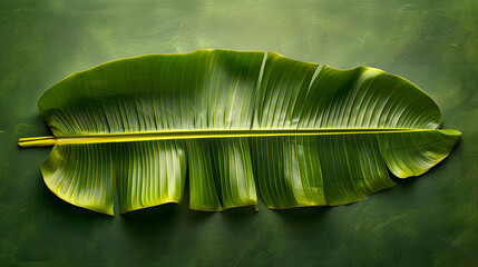 Detailed close-up of a large banana leaf with a rich green texture presented on a dark textured background