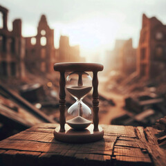 hourglass on the background of an ancient city - obrazy, fototapety, plakaty