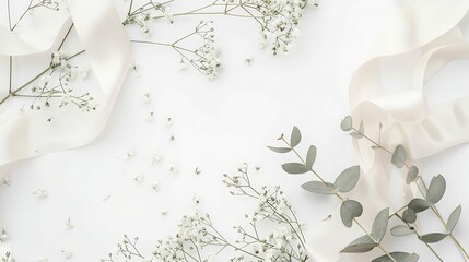 Styled stock photo Feminine wedding desktop mockup with babys breath Gypsophila flowers dry green eucalyptus leaves satin ribbon and white background Empty space Top view Picture for b : Generative AI