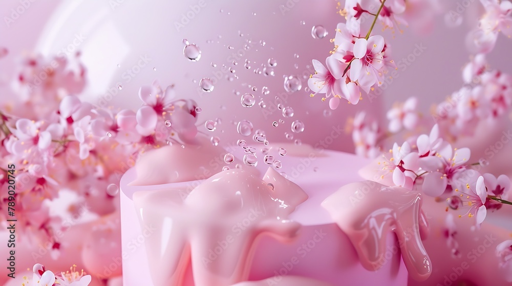 Poster Texture with splashes foam and bubbles with pink podium and flowers Trendy abstract spring summer nature background Flat lay cosmetic mockup : Generative AI