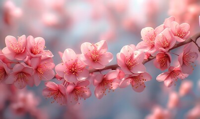 Branch with pink flowers on a blurred background.