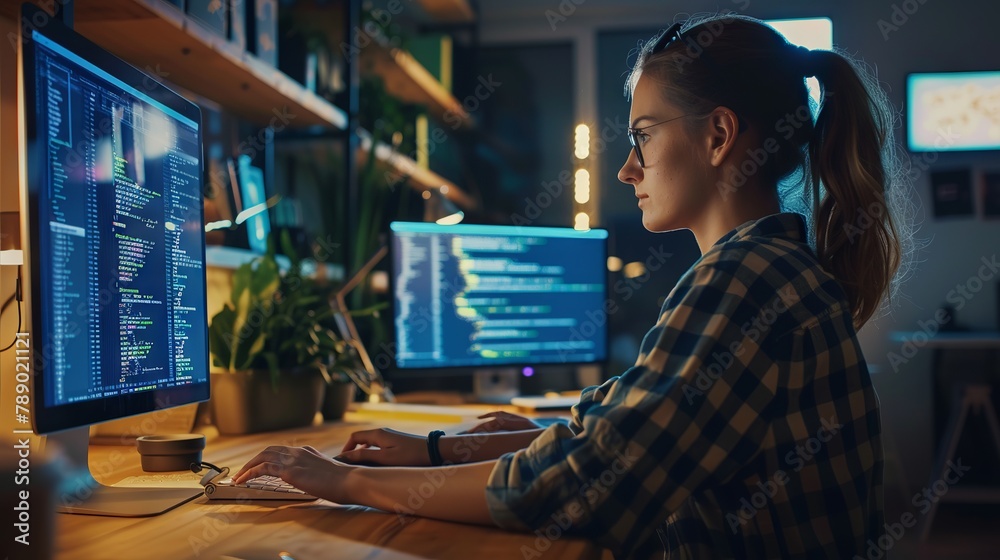 Wall mural dedicated female software engineer codes on multi-monitor desktop in modern co-working space, develo