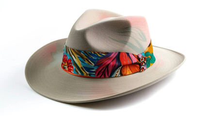  A classic fedora hat with a playful twist, featuring a colorful band and whimsical floral accents, perfect for channeling vintage charm with a modern flair - obrazy, fototapety, plakaty