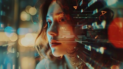 Innovative female entrepreneur engaging with cutting-edge technology in a dynamic workspace – A vision of modern professionalism and efficiency