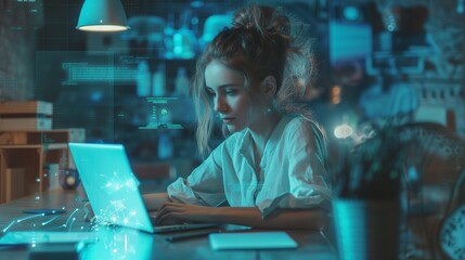 Innovative female entrepreneur engaging with cutting-edge technology in a dynamic workspace – A vision of modern professionalism and efficiency