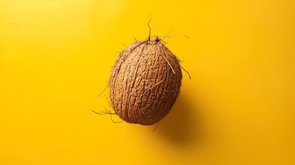 Coconut on yellow colored background minimal flat lay style : Generative AI