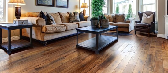 Obraz premium Living room area has hardwood flooring.