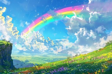 : Rainbow arches across blue sky, colors cascade on green landscape.