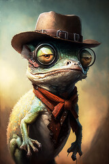Cute lizard in cowboy hat. Creative illustration. Generative AI	