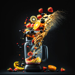 Mixer with splashing fresh juicy fruits smoothie. Generative AI	