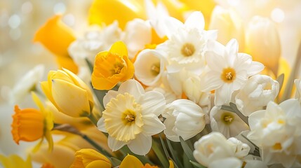 Obraz na płótnie Canvas Spring bouquet of yellow buttercups white daffodils and tulips bouquet of flowers close up home decoration with flowers : Generative AI
