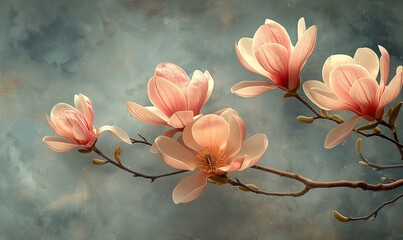 Branch with magnolia flowers on a texture background.