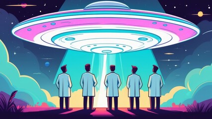 A bright cartoon illustration depicting several scientists standing under a huge flying saucer - obrazy, fototapety, plakaty
