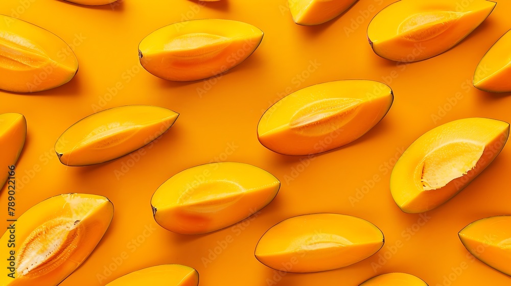 Poster Fresh sliced Mango in pattern on the orange background Fresh fruits Top view  Healthy and tasty Continous pattern isolate flat lay hard light minimal : Generative AI