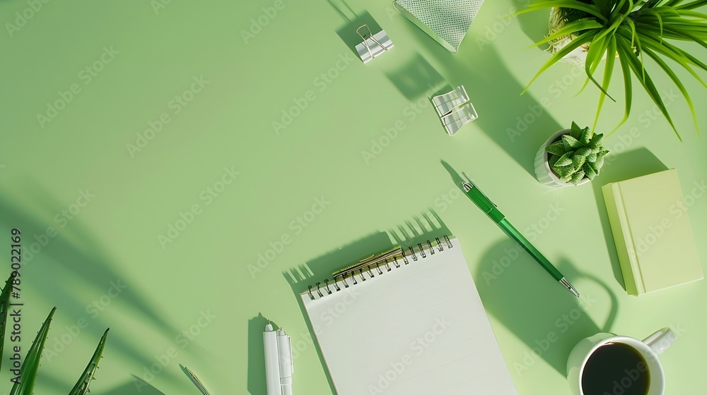 Aufkleber workspace concept notepad and writing supplies on green desk flat lay top view copy space : generati