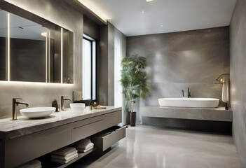Fototapeta na wymiar bathroom LED double tub lighting grey marble freestanding sleek vanity luxury modern design elegant interior contemporary stylish decor renovation tile fixture high-end designer