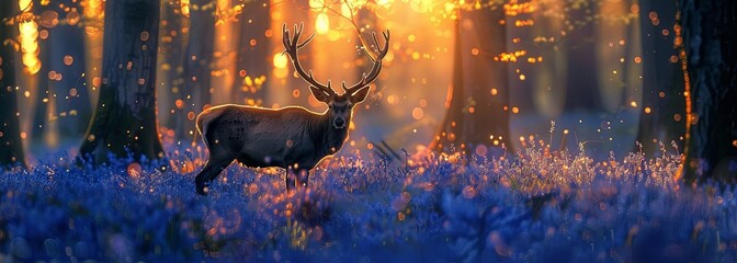Majestic stag in a magical forest at golden hour