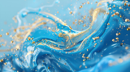 Marbled blue and golden abstract background. Liquid marble ink pattern,Beautiful abstraction of liquid paints in slow blending flow mixing together gently