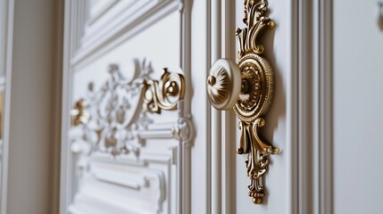 Closeup of white baroque doors with classic golden handles and ornaments Beauty in detailsBeautiful...
