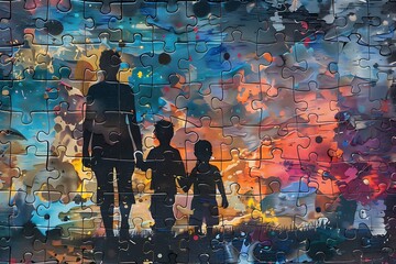 Puzzle as a symbol of the autism spectrum Family Support: Imagery portraying a family engaged in...