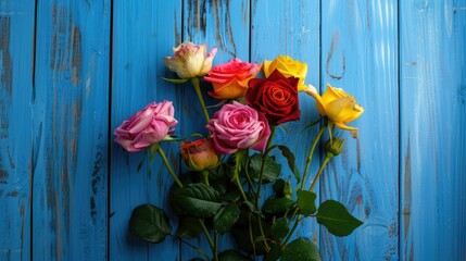 A vibrant bouquet of multicolored roses blooms against a rustic blue wooden backdrop