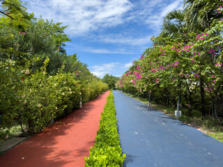 inside the famous Lonuziyaaraiy Park on Malé Island with running track and lots of colorful and...