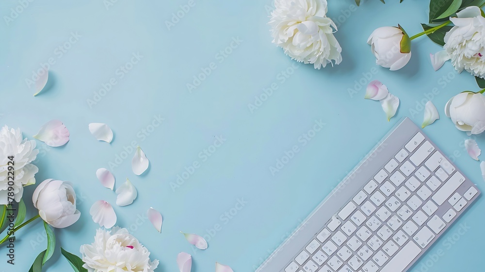 Aufkleber Flat lay home office workspace background with white modern keyboard notebook and peony flowers copy space on blue background banner : Generative AI