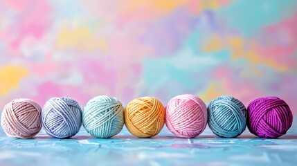 seven balls of wool pastel colours in a row,  yarn soft background, a hobby and leisure banner,...