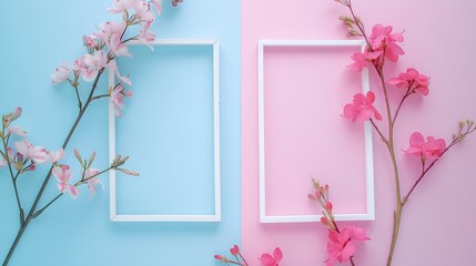 Empty frame and flowers flat lay on blue and pink pastel background with copy space Soft effect...