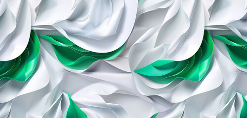 White 3D paper art with emerald accents evokes nature's calm for eco branding.