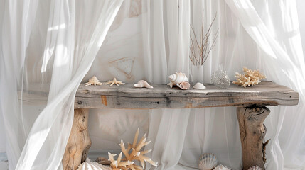  A coastal-themed desk crafted from weathered driftwood, adorned with seashells and coral accents, and framed by billowing white curtains fluttering in the breeze