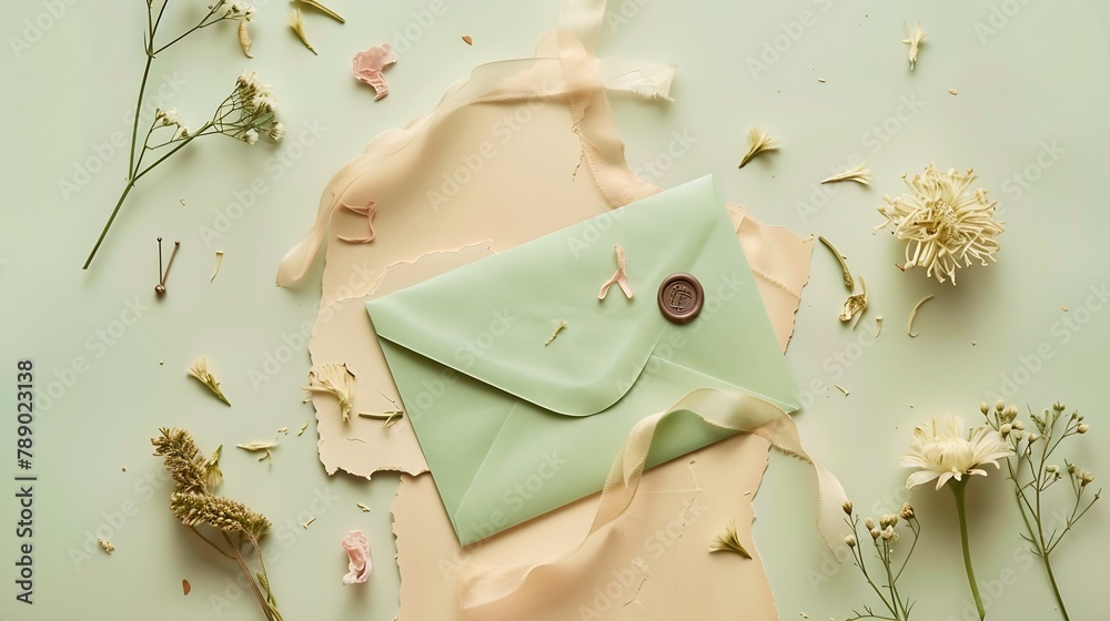 Aufkleber ripped sheet of paper silk ribbon green envelope with wax seal dried flowers on pastel beige backgro
