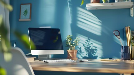 Close up view of home office desk with copy space frame stationery and decoration : Generative AI