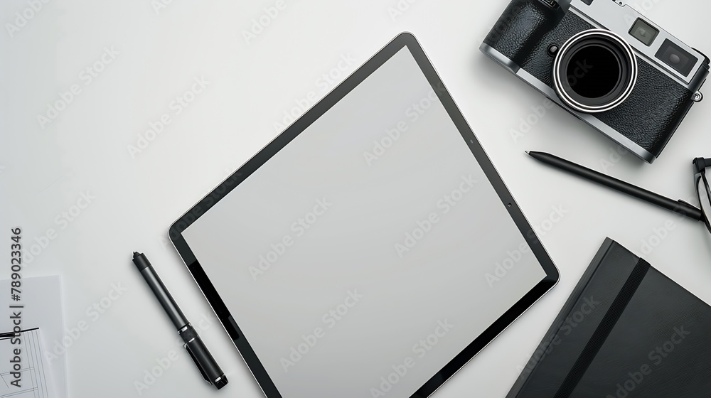 Leinwandbilder above view digital tablet with empty display stylus pen and camera on white desk : generative ai