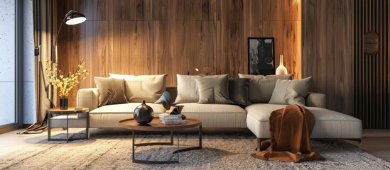 Contemporary interior design enhances the modern living room with a cozy sofa, carpet floor, stylish lamp, decorative items on the table, and a wooden panel backdrop.