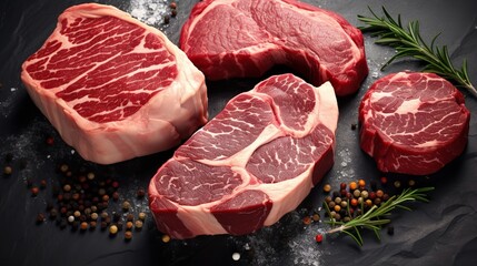 Different Types of Raw Marbled Beef Steaks