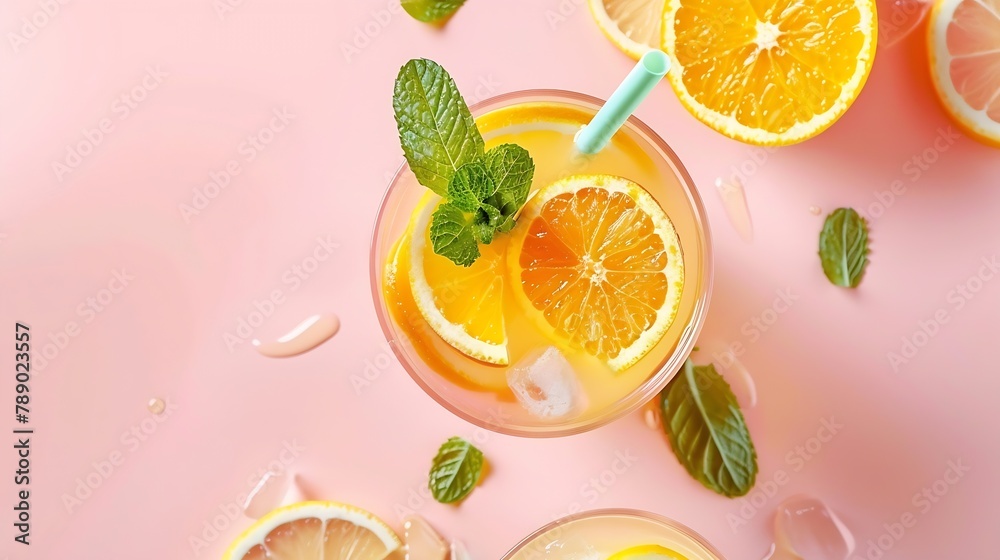 Poster glass of juice made of citrus slices with mint leaves and a straw on light pink background citrus ju