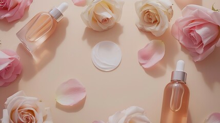 Capture attention with this stunning skin care top view flat lay featuring serum bottles rose petals and an empty circle for branding on a pastel beige backdrop : Generative AI