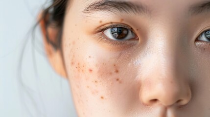 Close up half fresh face of Asian women is looking at camera on white banner background with copy space Problem skin face Freckle on face of Asian women : Generative AI