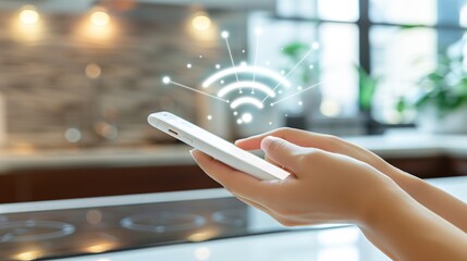 Smart home efficiency: hand holding smartphone with power usage app and wifi connectivity in modern kitchen setting