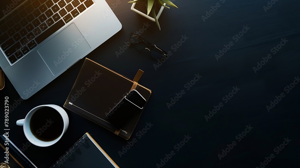 Aufkleber Flat lay modern workspace with computer laptop coffee cup and book on black table : Generative AI