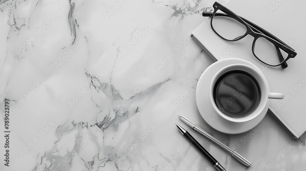 Poster business desk composition notebook pen glasses paperclip hot coffee on marble table modern workspace