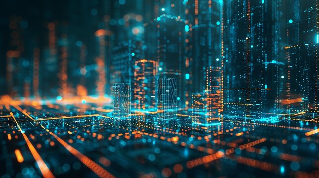 Futuristic smart cityscape with connected network nodes illustrating internet of things (IoT) concept and advanced telecommunication infrastructure