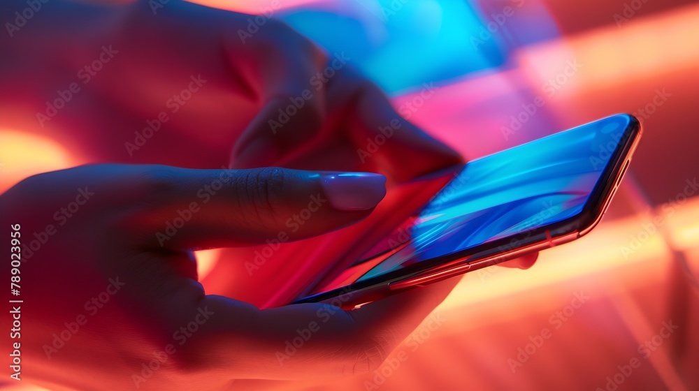 Poster closeup of hands with mobile phone or smartphone : generative ai