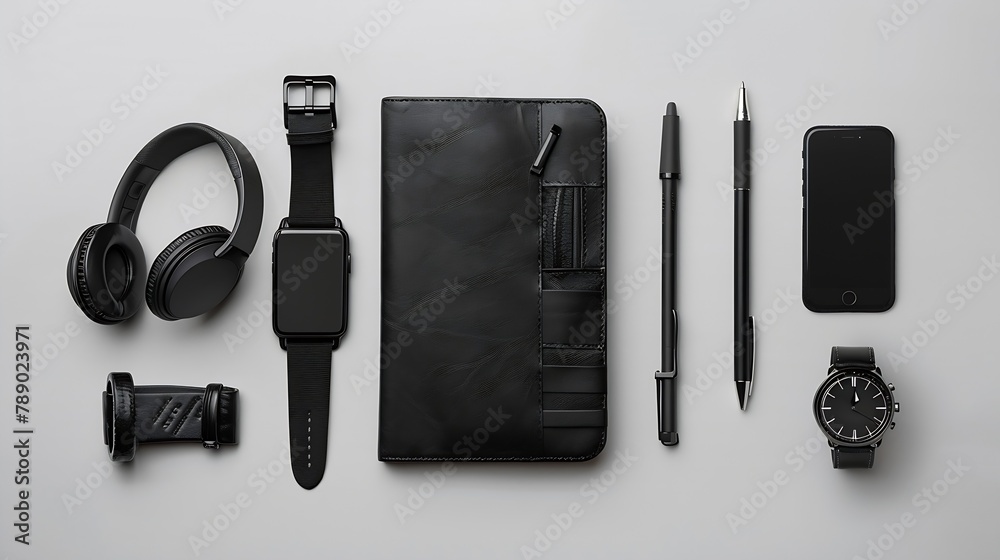 Poster man items in all black on a white background shot from above with cell phone pens wallet watch noteb