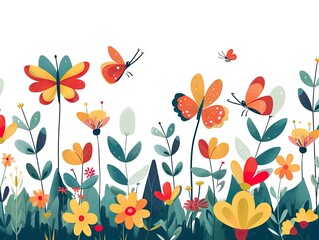 A charming illustration of colorful butterflies fluttering above a wildflower meadow, symbolizing spring's arrival..