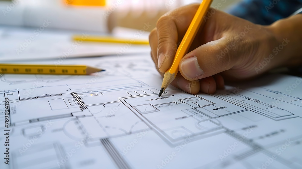 Poster a closeup an architect a house designer holding a pencil pointing to a house plan to examine the des