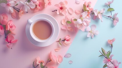 Obraz na płótnie Canvas Flat Lay Aesthetic Greeting Card with morning coffee cup and flowers on pastel background Womens Day on March 8th Spring or Easter concept Blogger composition : Generative AI
