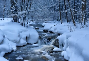 AI generated illustration of a snowy stream flowing through a winter forest with dense tree cover