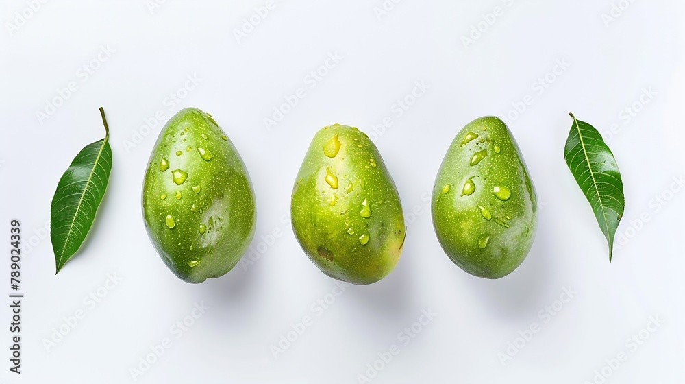 Poster green mango with mango has water drop collection isolated on white background top view flat lay : ge